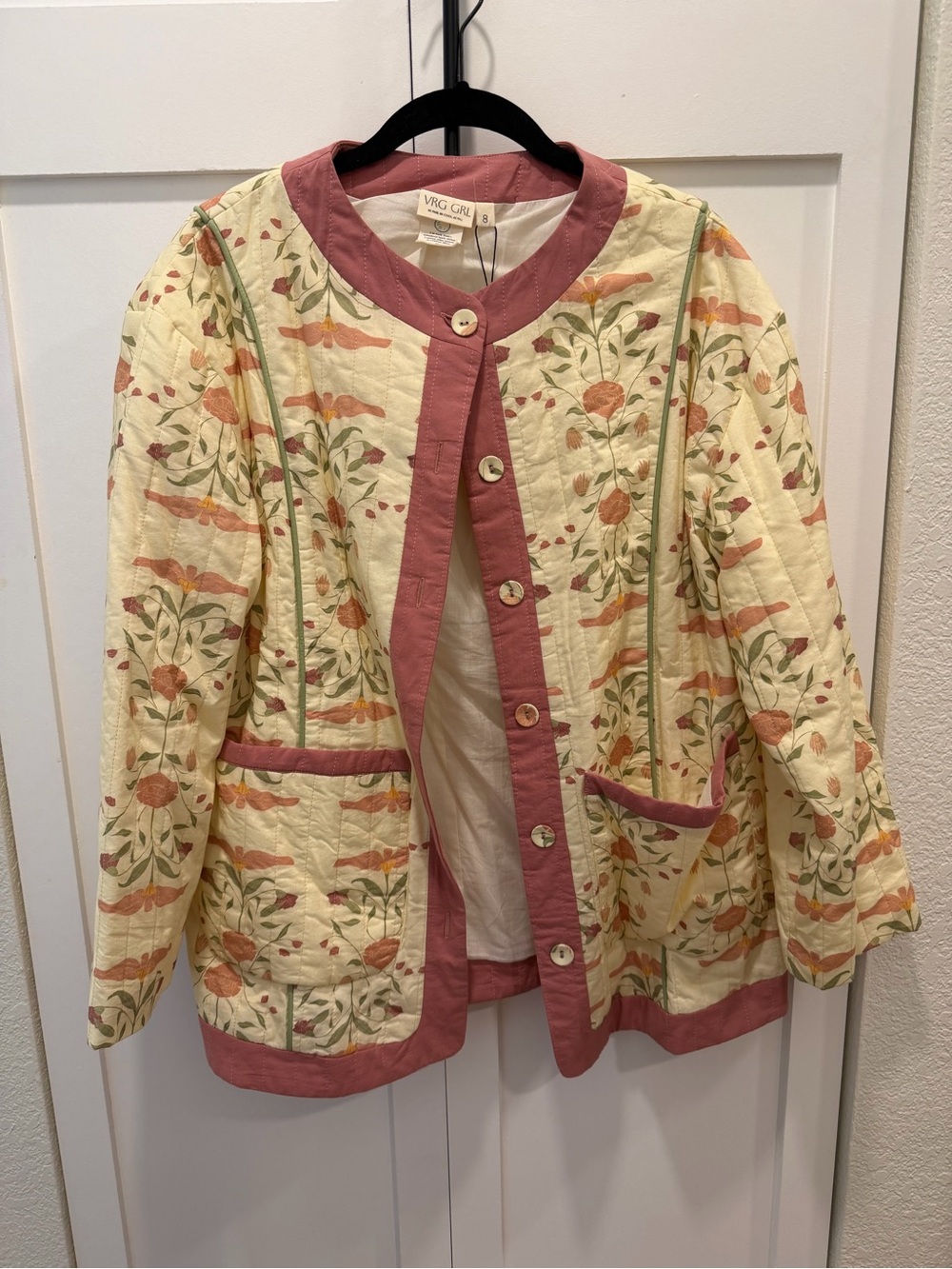 Vera Cruz Floral Quilted Bomber Jacket in Cream and Mauve Trim